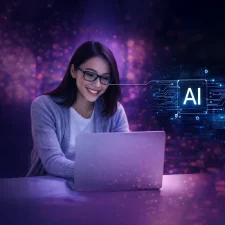 AI woman on laptop